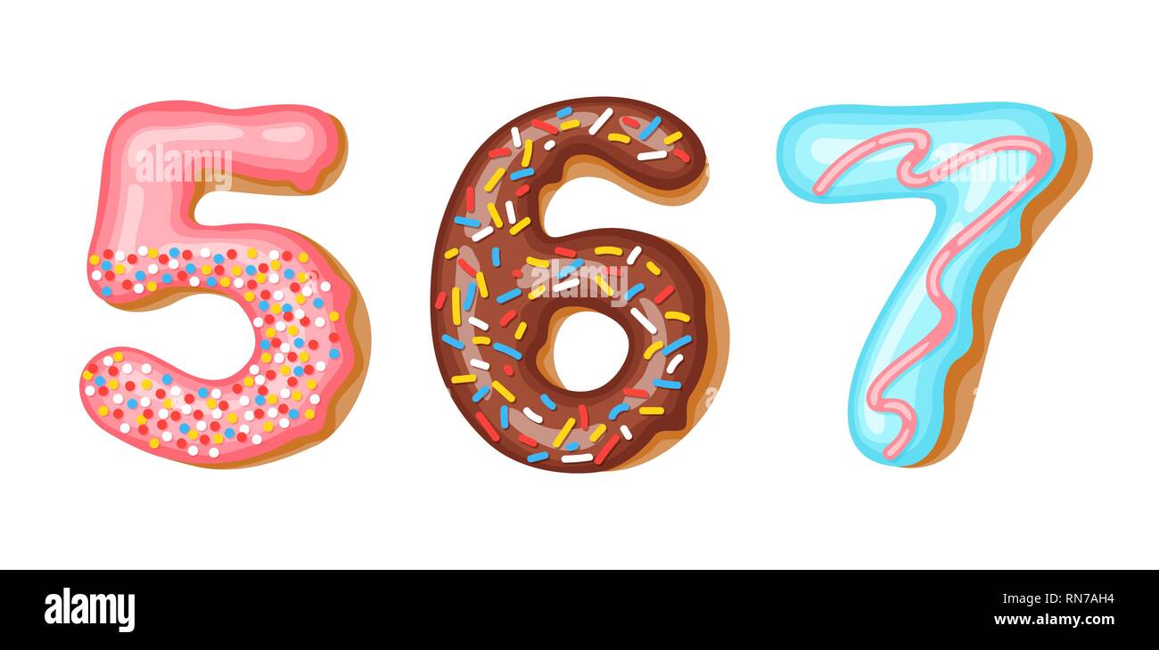 Givrage Donut - chiffres des numéros 5, 6, 7. Font des beignets. Sweet boulangerie alphabet. Ces derniers l'alphabet Donut A B C isolé sur fond blanc Illustration de Vecteur