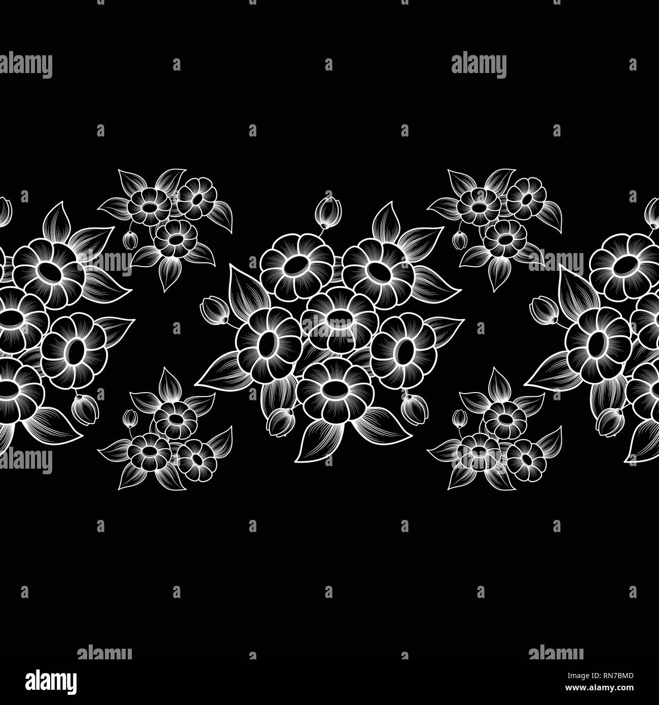 Contour blanc motif florale isolé sur fond noir Illustration de Vecteur