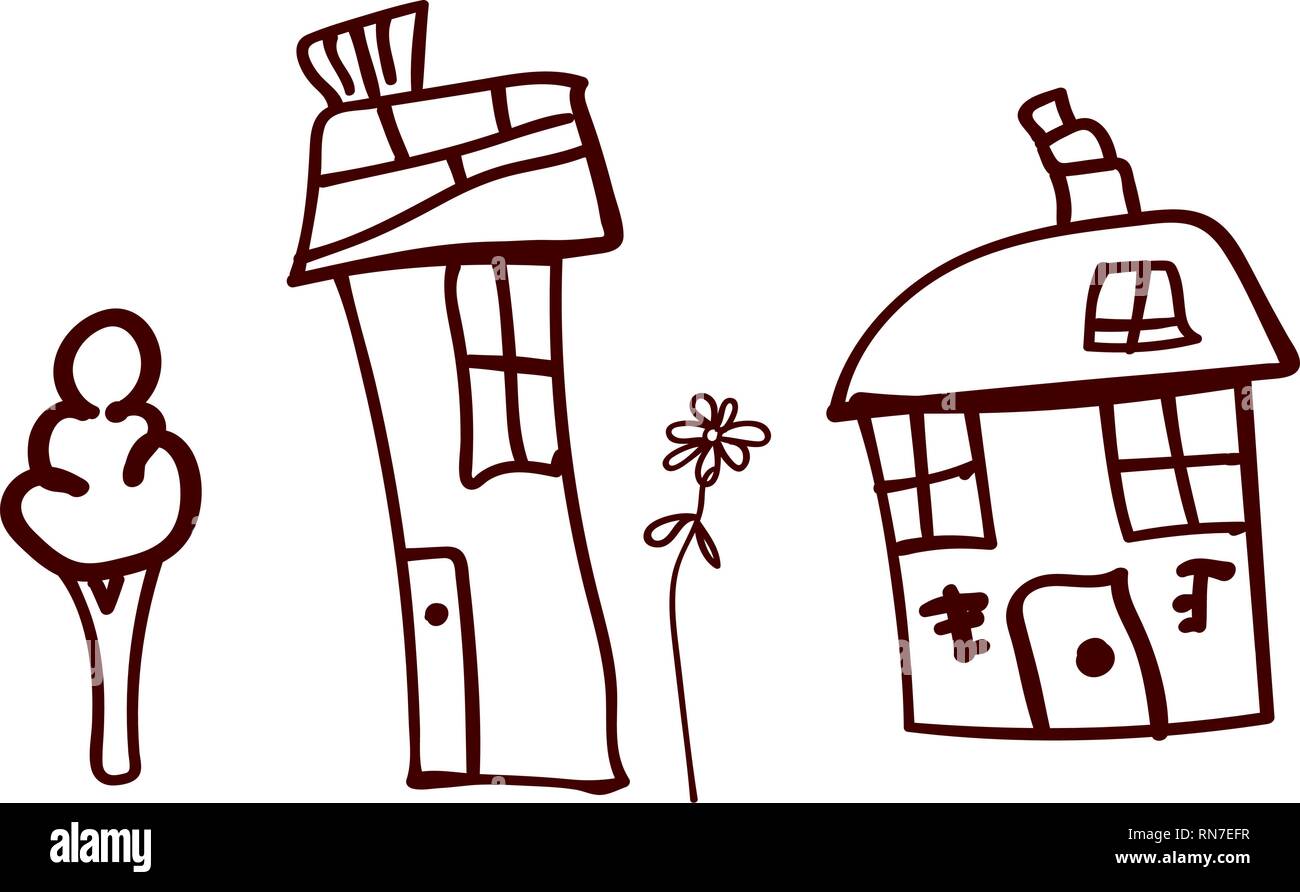 Les enfants issus des maisons et usines dans doodle style. Profilées et isolés. Vector illustration Illustration de Vecteur