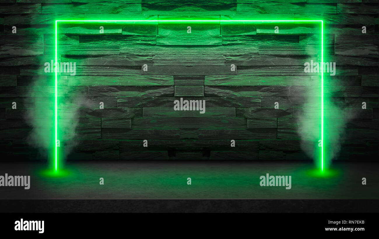 Table en pierre sombre vide avec néon fluorescent vert lumières laser dans la fumée. Parti et night club concept fond avec copie espace pour texte ou d'un produit Banque D'Images