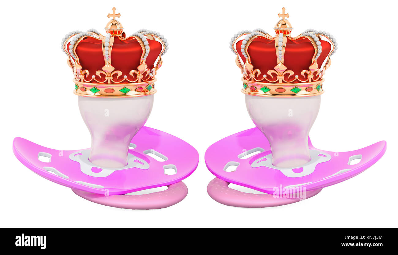 Les jumeaux Royal concept. Deux sucettes rose avec couronne d'or. Le rendu 3D isolé sur fond blanc Banque D'Images