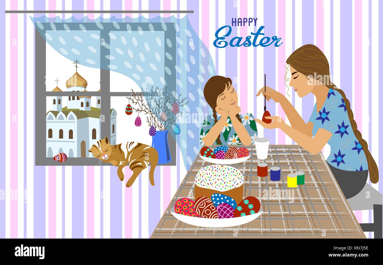 Mère et fille à la table peint des oeufs de Pâques et fenêtre donnant sur l'église orthodoxe . Illustration horizontal Illustration de Vecteur