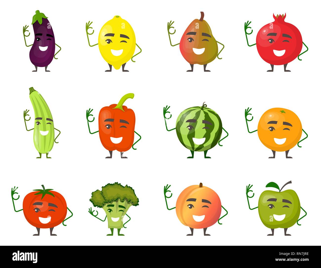 Large gamme de fruits et légumes drôles de personnages de dessins animés en souriant avec les mains et les jambes isolé sur fond blanc. Cheerful food mascottes dans télévision de Illustration de Vecteur