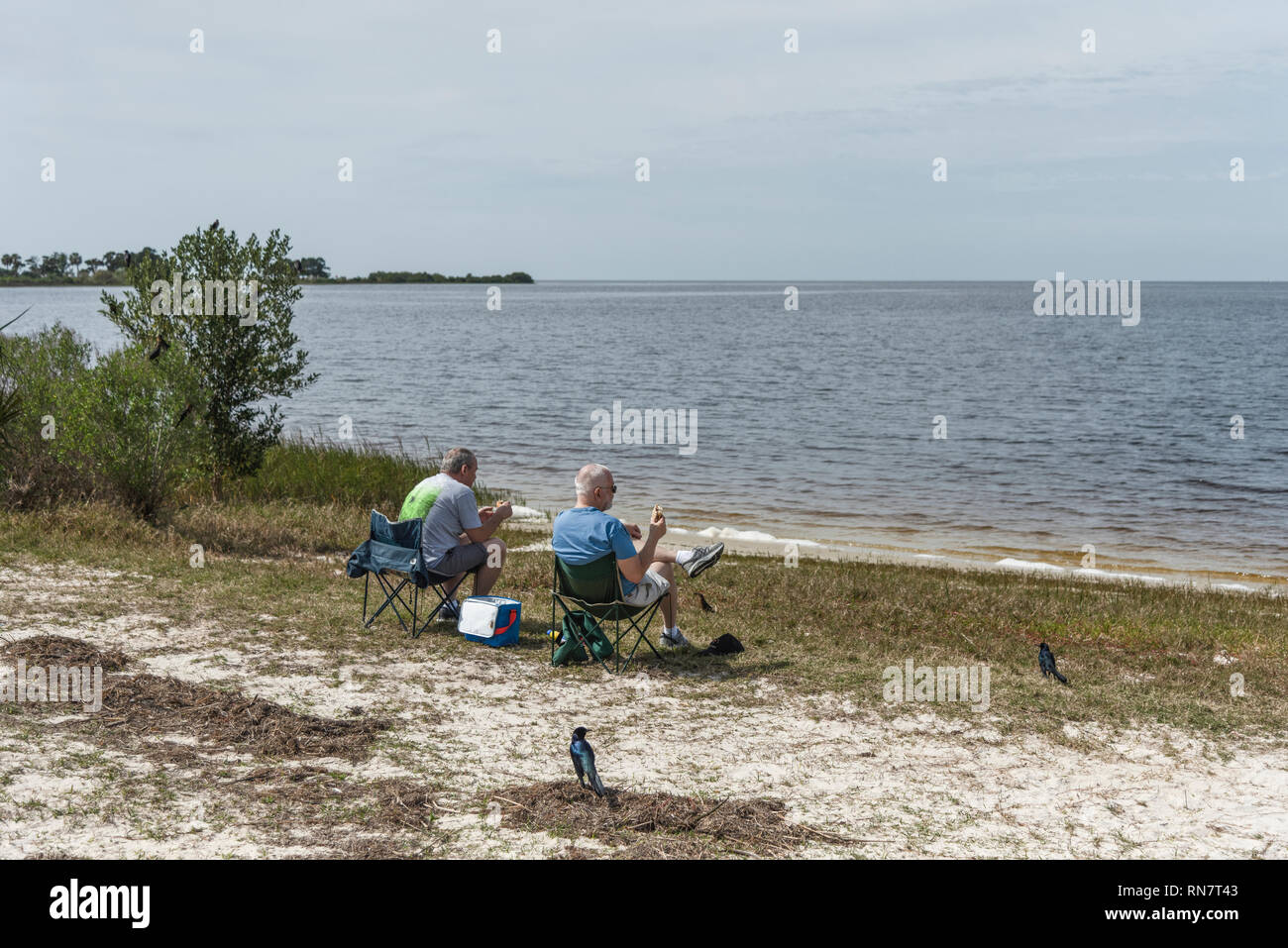 Deux hommes dans des chaises à Bird Creek Beach de Yankeetown, Florida Gulf Coast jouissant de la vue sur l'océan. Banque D'Images