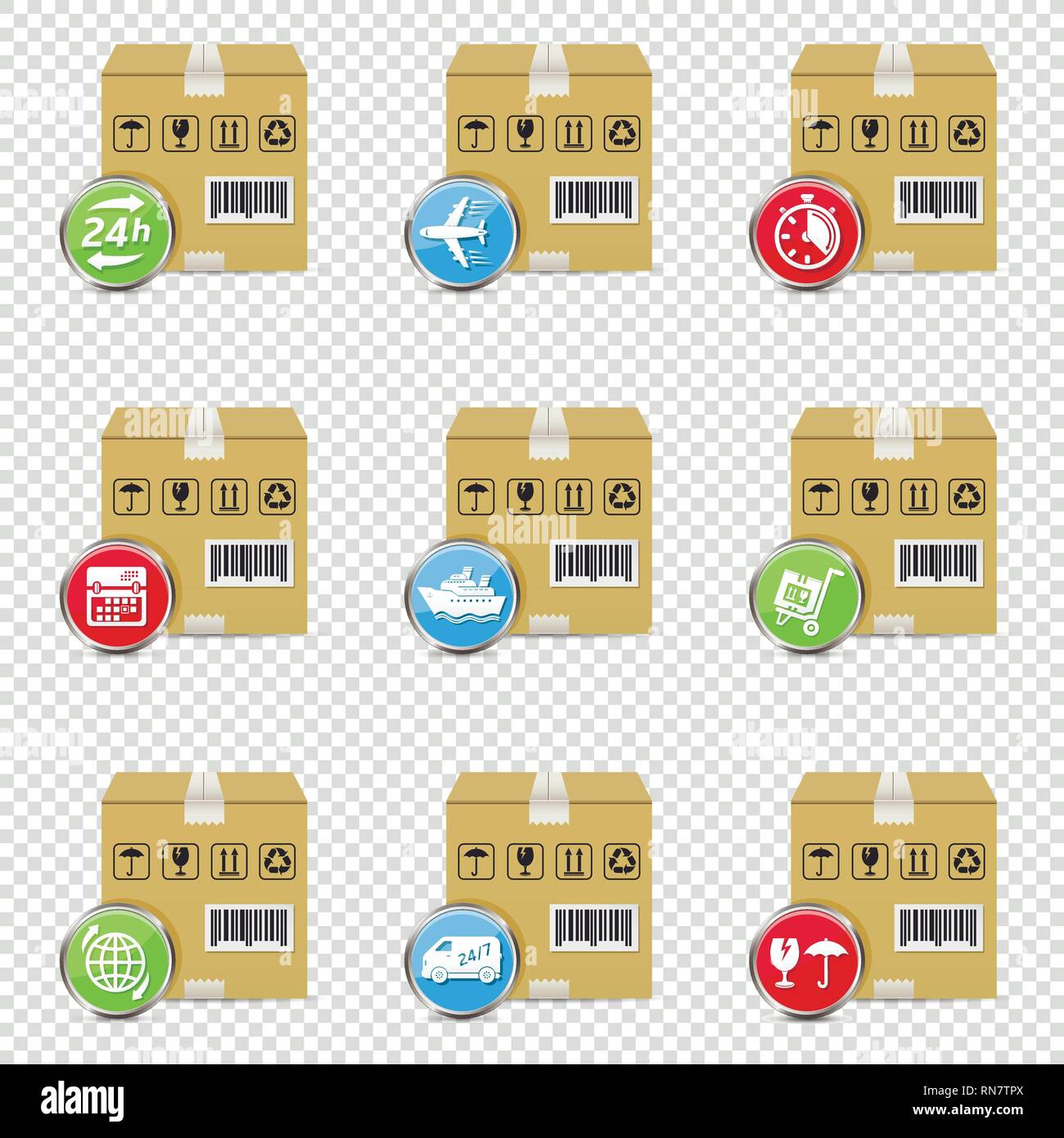 Boîtes de livraison icons set isolé sur fond transparent Illustration de Vecteur