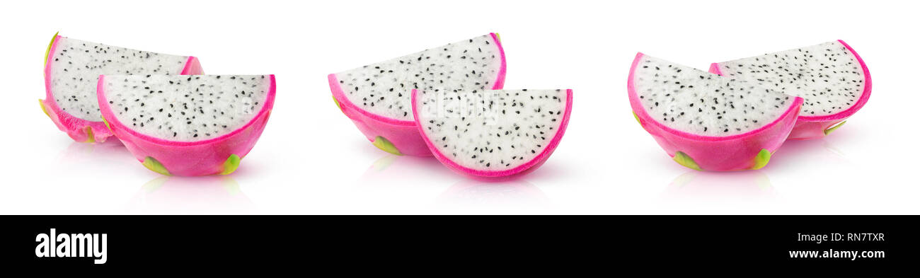 Dragonfruits isolés. Trois images de fruits à chair blanche et de pitahayas wedges isolé sur fond blanc avec clipping path Banque D'Images