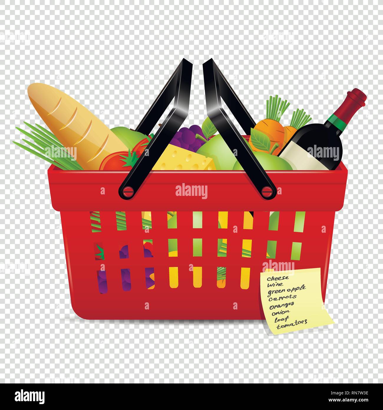 Liste de magasinage et d'aliments avec panier rouge isolé sur fond transparent Illustration de Vecteur