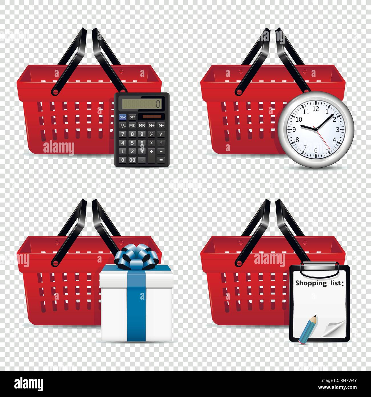 Des paniers en plastique rouge avec différents objets : Calculatrice, Horloge, boîte cadeau et liste d'achats Illustration de Vecteur