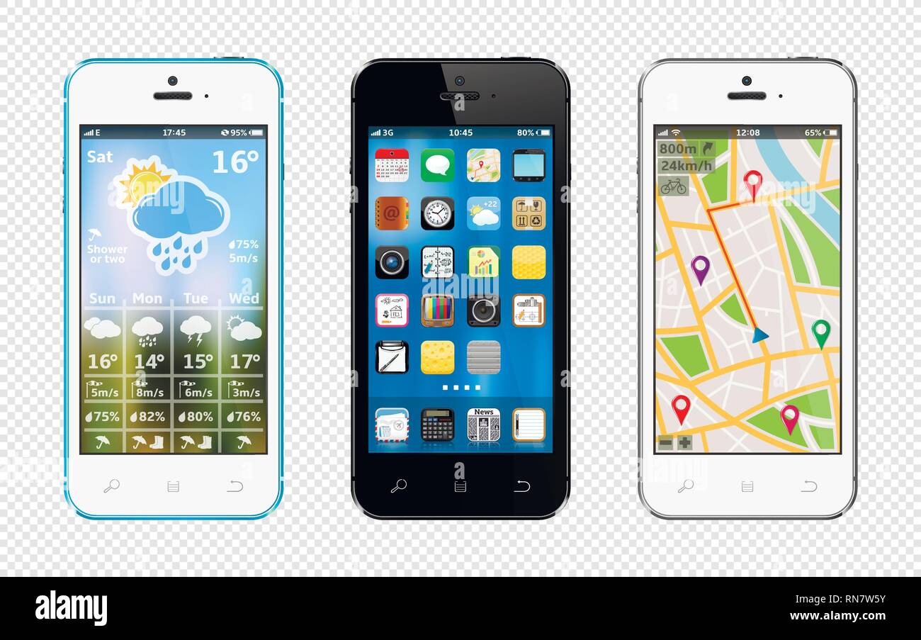 Les téléphones intelligents avec des widgets et des icônes isolé sur fond transparent Illustration de Vecteur