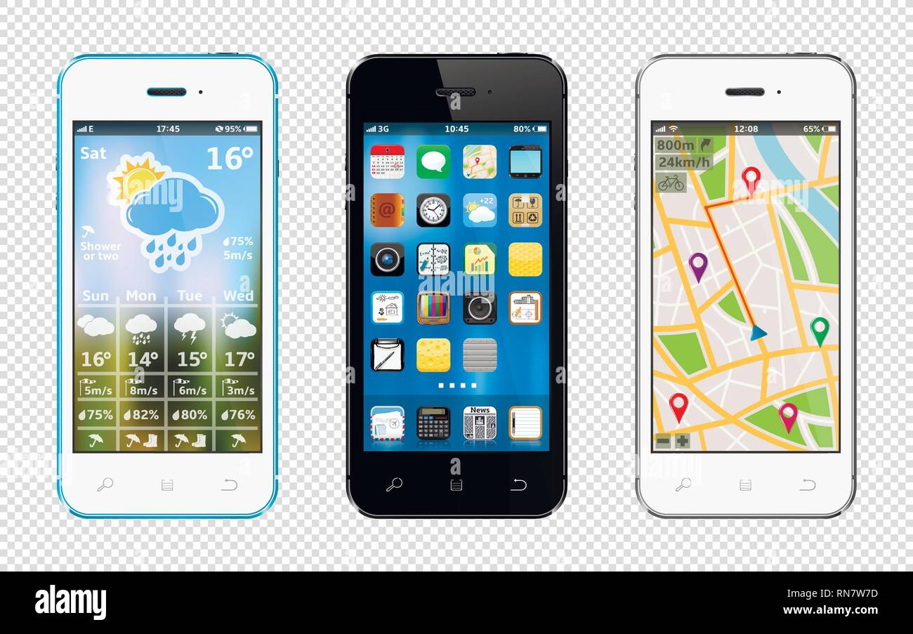 Les téléphones intelligents avec des widgets et des icônes isolé sur fond transparent Illustration de Vecteur
