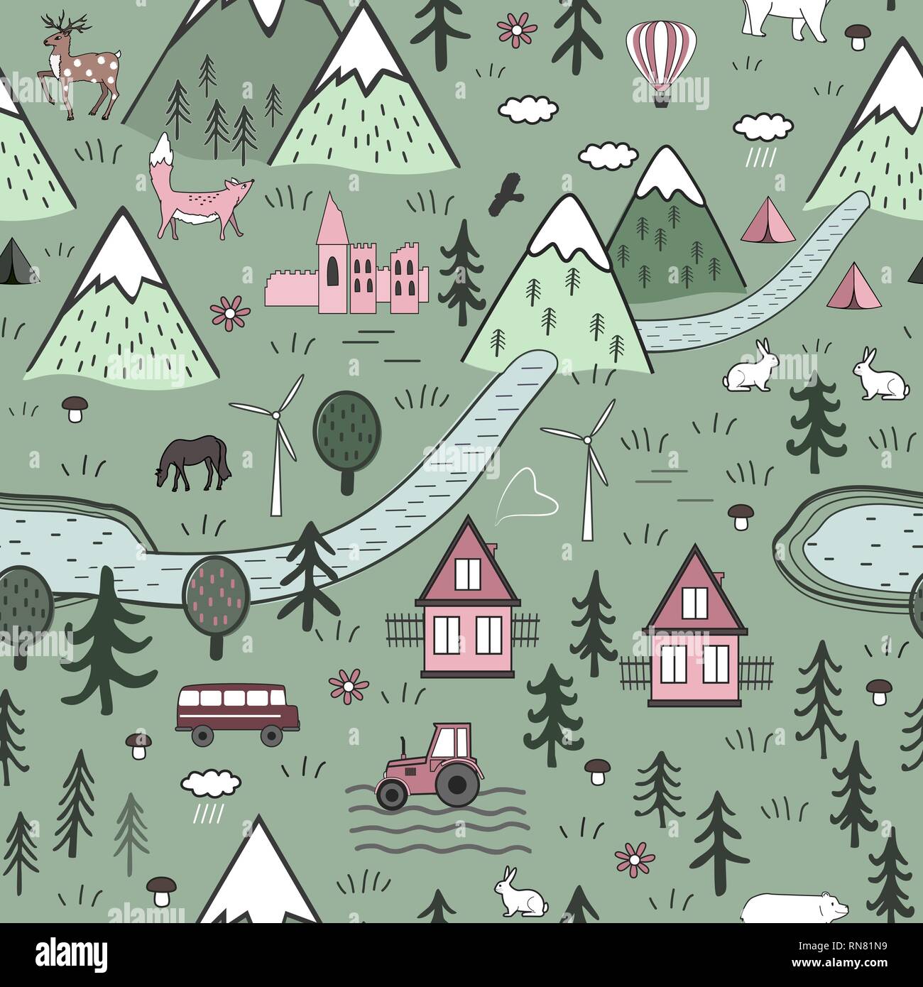 Cute Vector scandinave dessiné à la main avec motif transparent maisons, animaux, arbres, vieux château et les montagnes. Nature paysage nordique concept. Parfait. Illustration de Vecteur