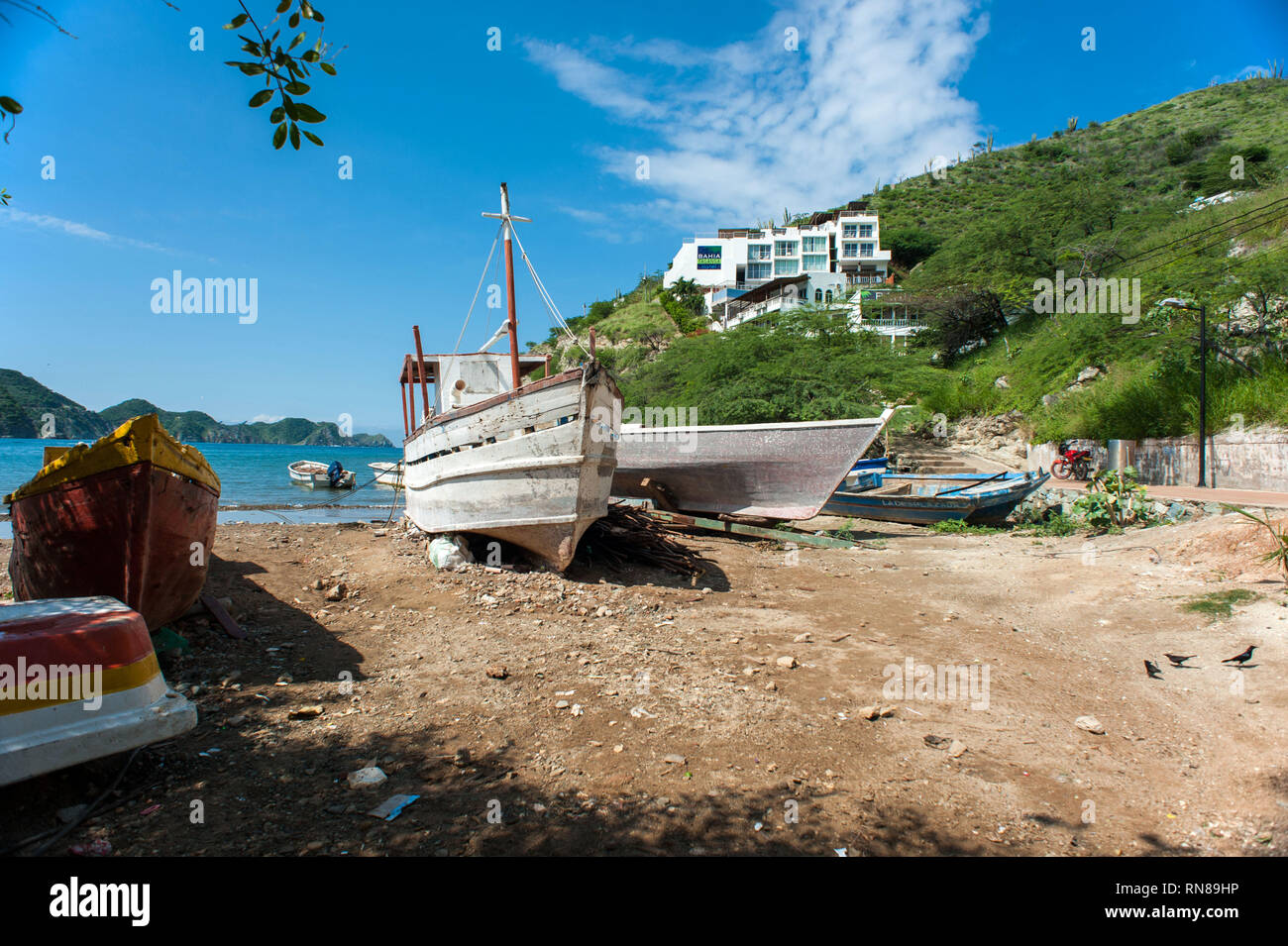 Taganga, Santa Marta, Colombie : village de pêcheurs. Banque D'Images