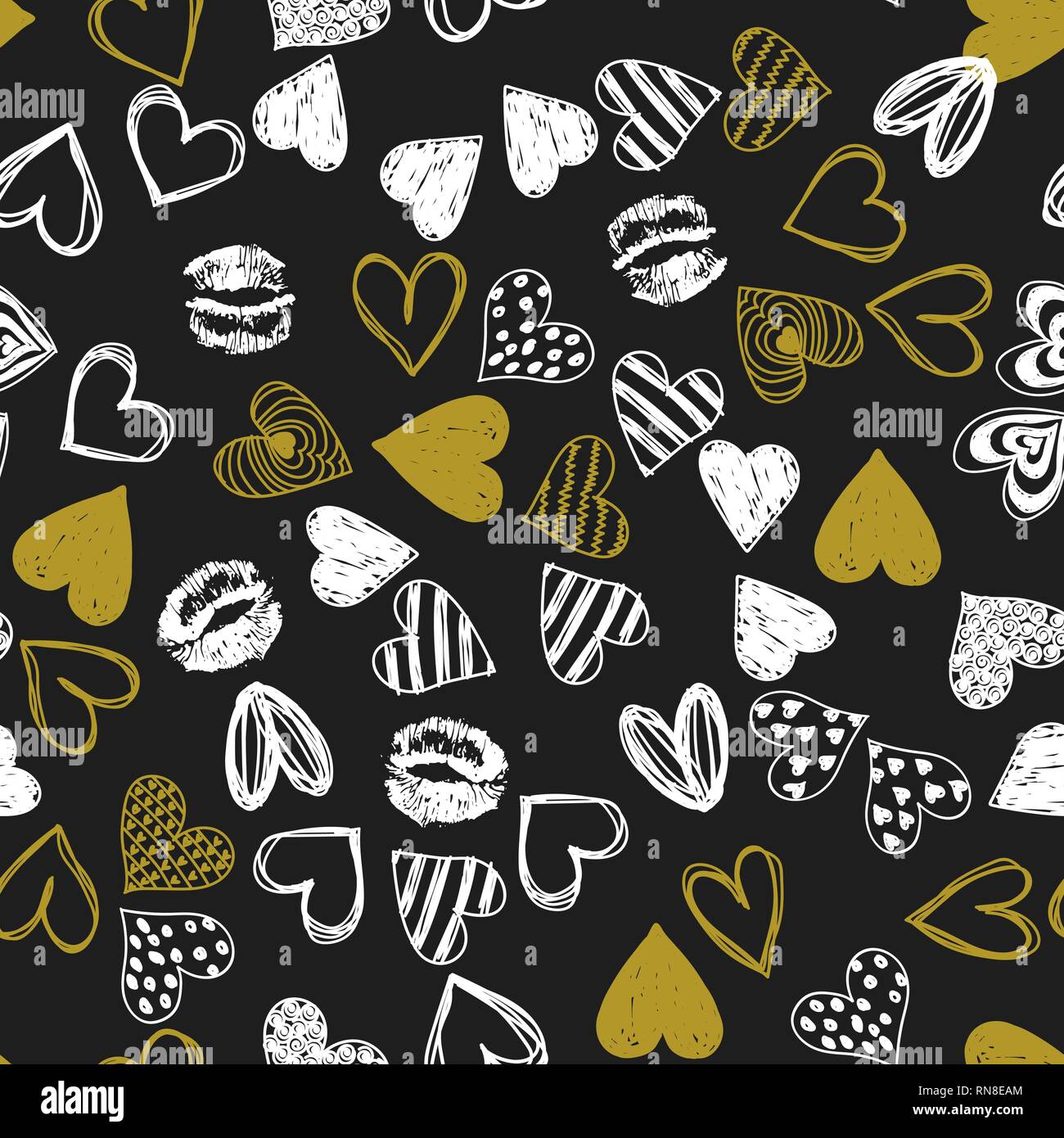 Doodle love golden heart Valentines Day seamless pattern. Emballage Textile conception de sombre. Romantique mariage sketch arrière-plan. Illustration de Vecteur