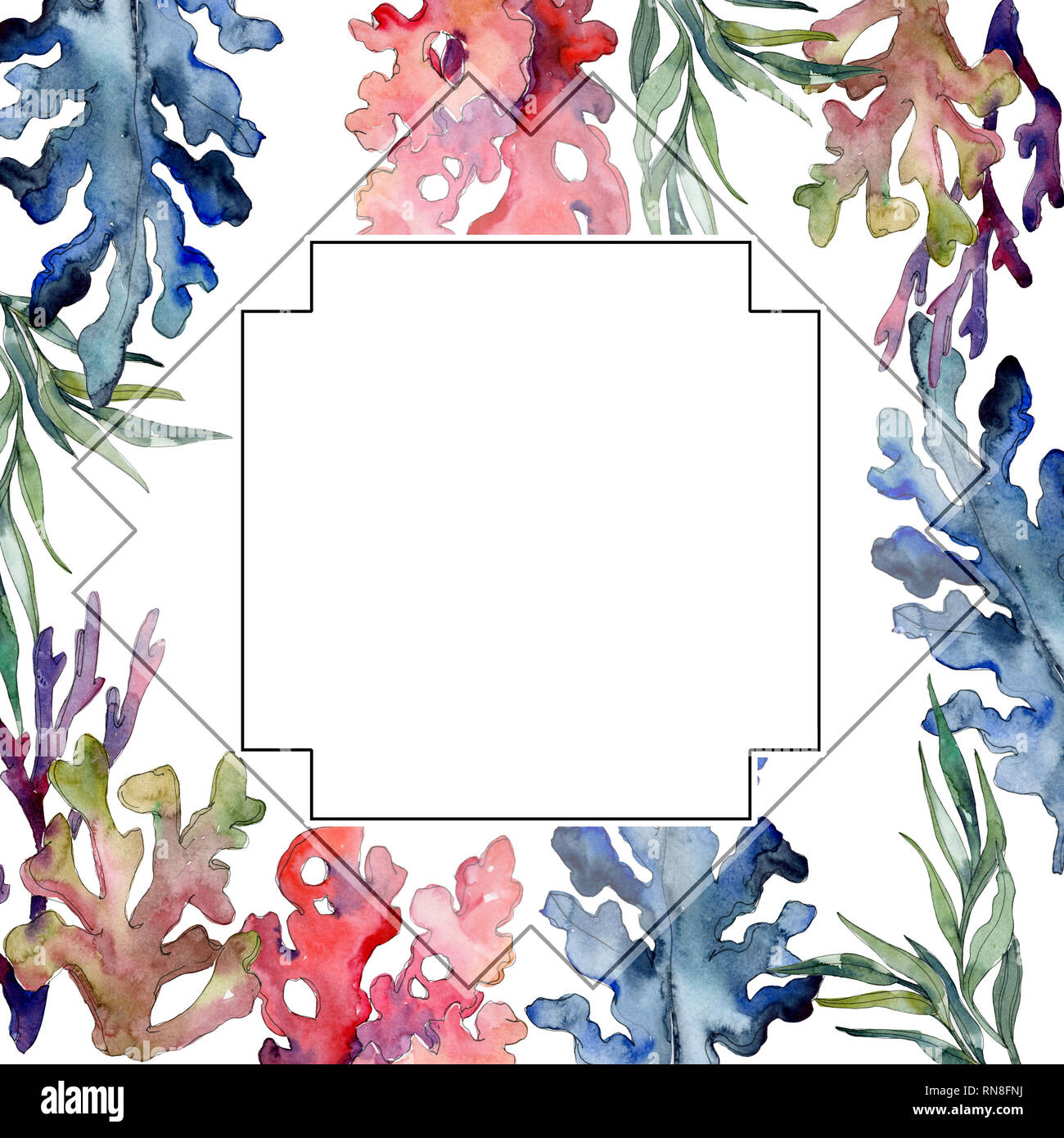 Rouge et bleu nature sous-marine aquatique coral reef. Jeu de fond à l'aquarelle. Bordure de cadre carré ornement. Banque D'Images