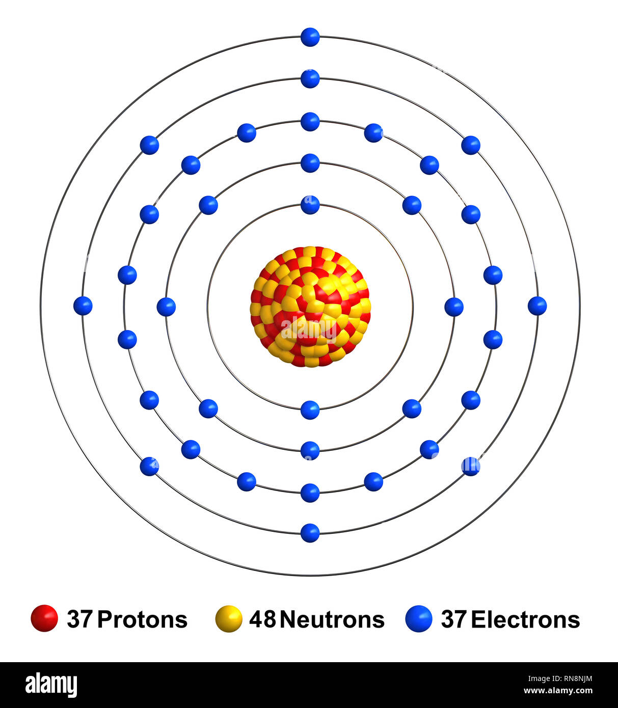 De rendu 3D de la structure de l'atome de rubidium isolé sur fond blanc les protons sont représentés comme des sphères rouges, jaunes comme des neutrons, les électrons comme sphères Banque D'Images