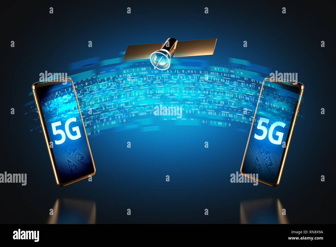 Transfert de données à haut débit entre le schéma sur les smartphones 5G network concept. Le rendu 3D Banque D'Images