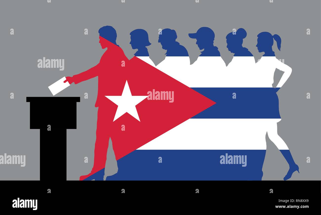 Les électeurs cubains foule silhouette comme drapeau de Cuba en votant aux élections. Tous les objets, la silhouette et l'arrière-plan sont dans des couches différentes. Illustration de Vecteur