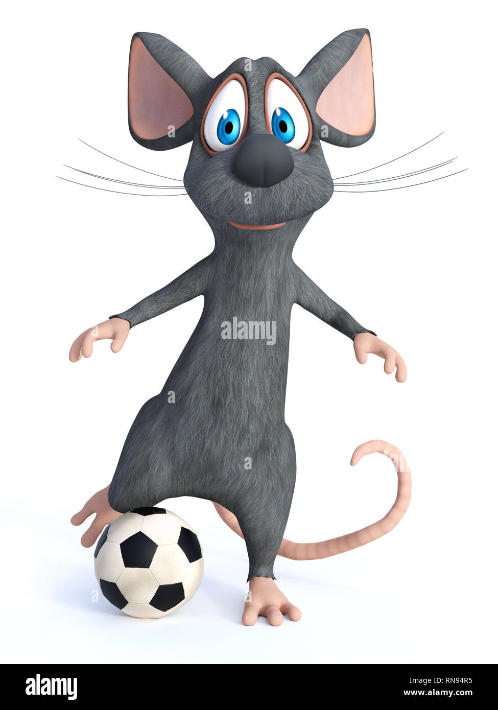 Le rendu 3D d'un sourire mignon cartoon souris botter un ballon de soccer. Arrière-plan blanc. Banque D'Images