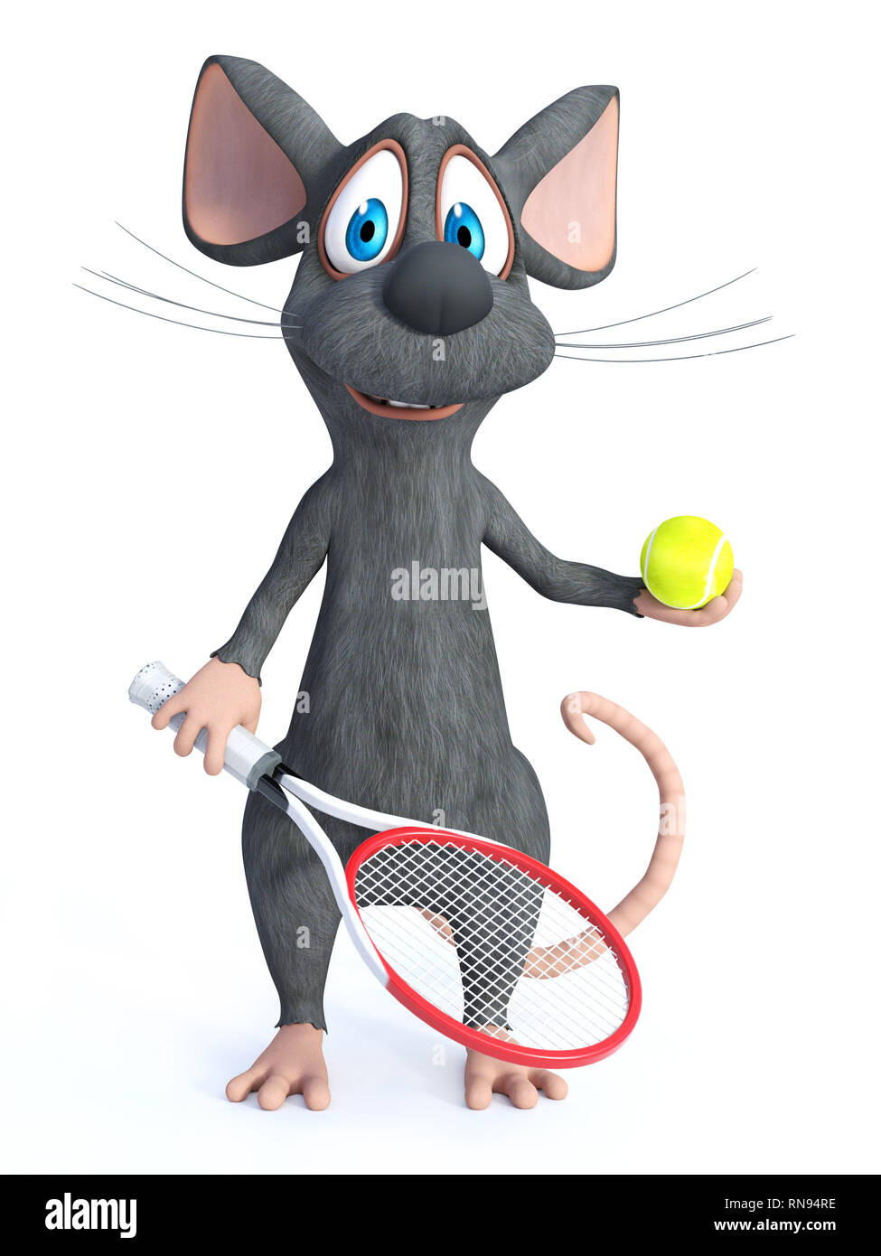 Le rendu 3D d'un sourire mignon cartoon souris tenant une raquette de tennis et la balle. Arrière-plan blanc. Banque D'Images