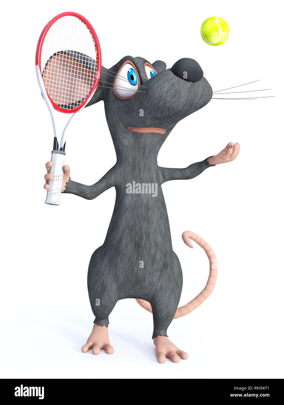 Le rendu 3D d'un sourire mignon cartoon souris tenant une raquette de tennis et lancer une balle en l'air comme il est en service. Arrière-plan blanc. Banque D'Images