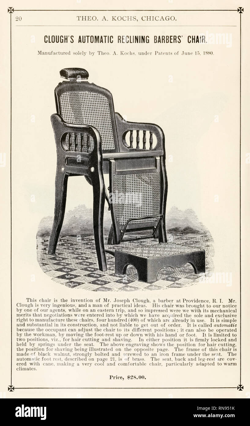 "Clough's barbiers inclinables automatique' Chair" publicité de Théo. A. Kochs Fauteuils de fournitures de commerce de Chicago catalogue publié en 1884. Banque D'Images