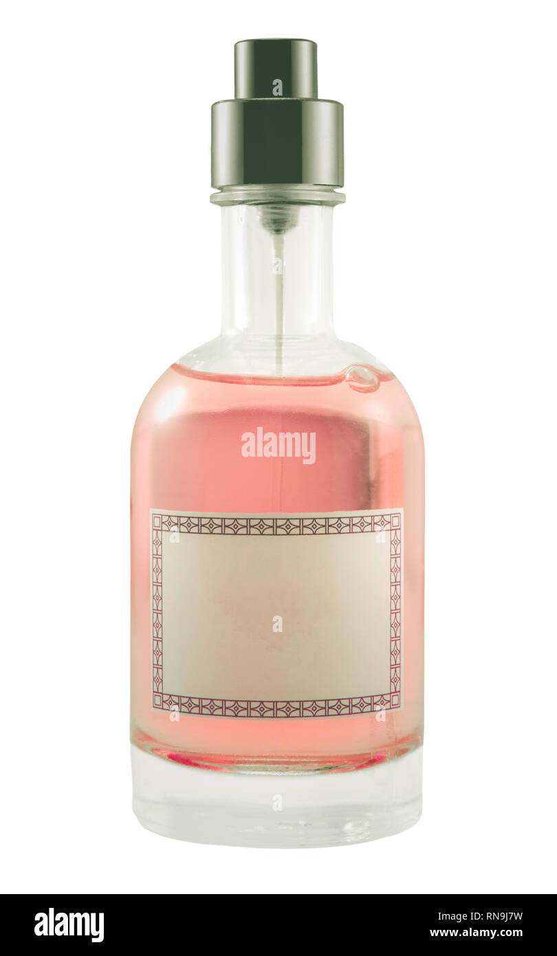 Flacon de parfum Rose isolé avec étiquette vierge pour votre texte Banque D'Images