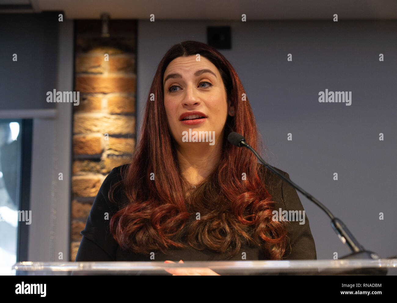 Londres, Royaume-Uni. Feb 18, 2019. Luciana Berger parle. Sept députés démissionnent pour former un nouveau parti appelé le Groupe indépendant. Les sept sont Chukka Umunna, Chris Leslie, Mike Baille, Ann Coffey, Gavin Shuker, Luciana Berger et Angela Smith. Le lancement du nouveau parti a été annoncé aujourd'hui-Février 18th, du County Hall, Londres. Ils ont formé leur propre parti indépendant. Credit : Tommy Londres/Alamy Live News Banque D'Images