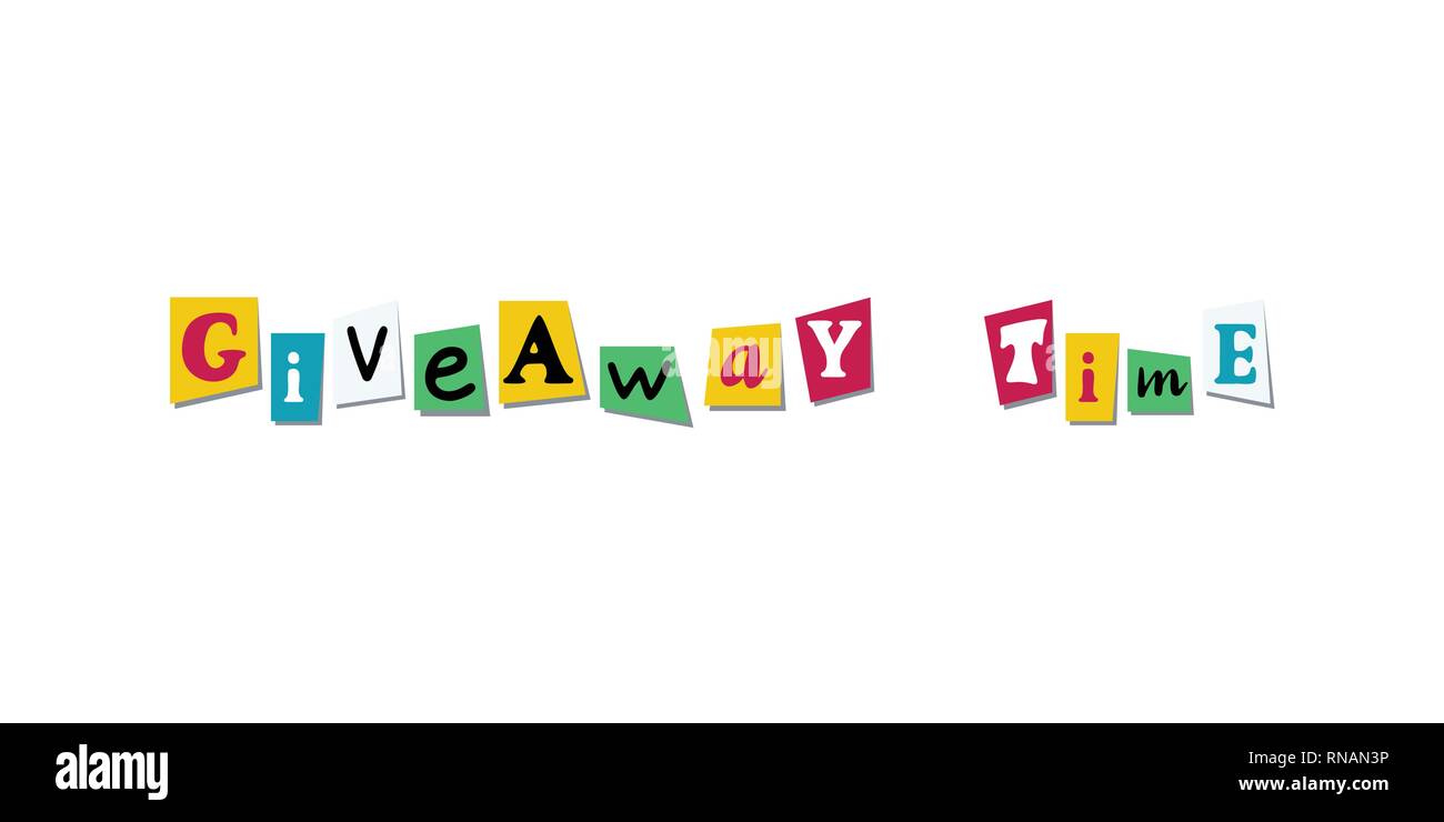 Bannière temps Giveaway avec carte couleurs lettres de journal ou magazine. Un design coloré pour la concurrence des médias sociaux Illustration de Vecteur