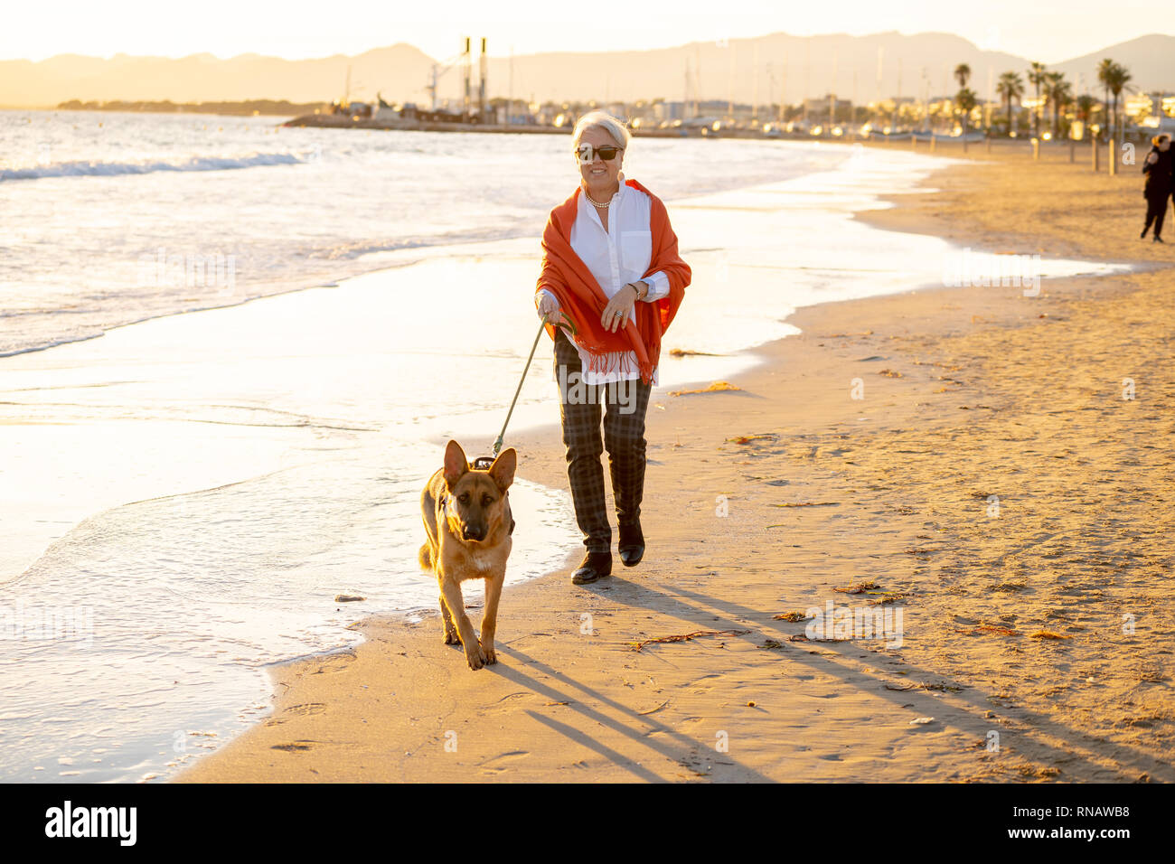 Belle femme plus âgée à la retraite et pet dog allemand shepard marcher le long de la côte sur l'océan mer plage en compagnie d'animaux Prestations activ maintien Banque D'Images