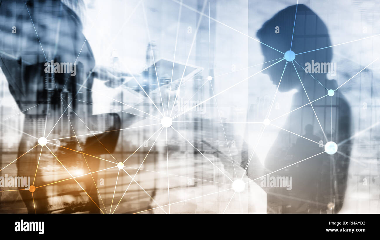 Blockchain sur réseau gratte-ciel fond flou. La technologie financière et communication concept Banque D'Images