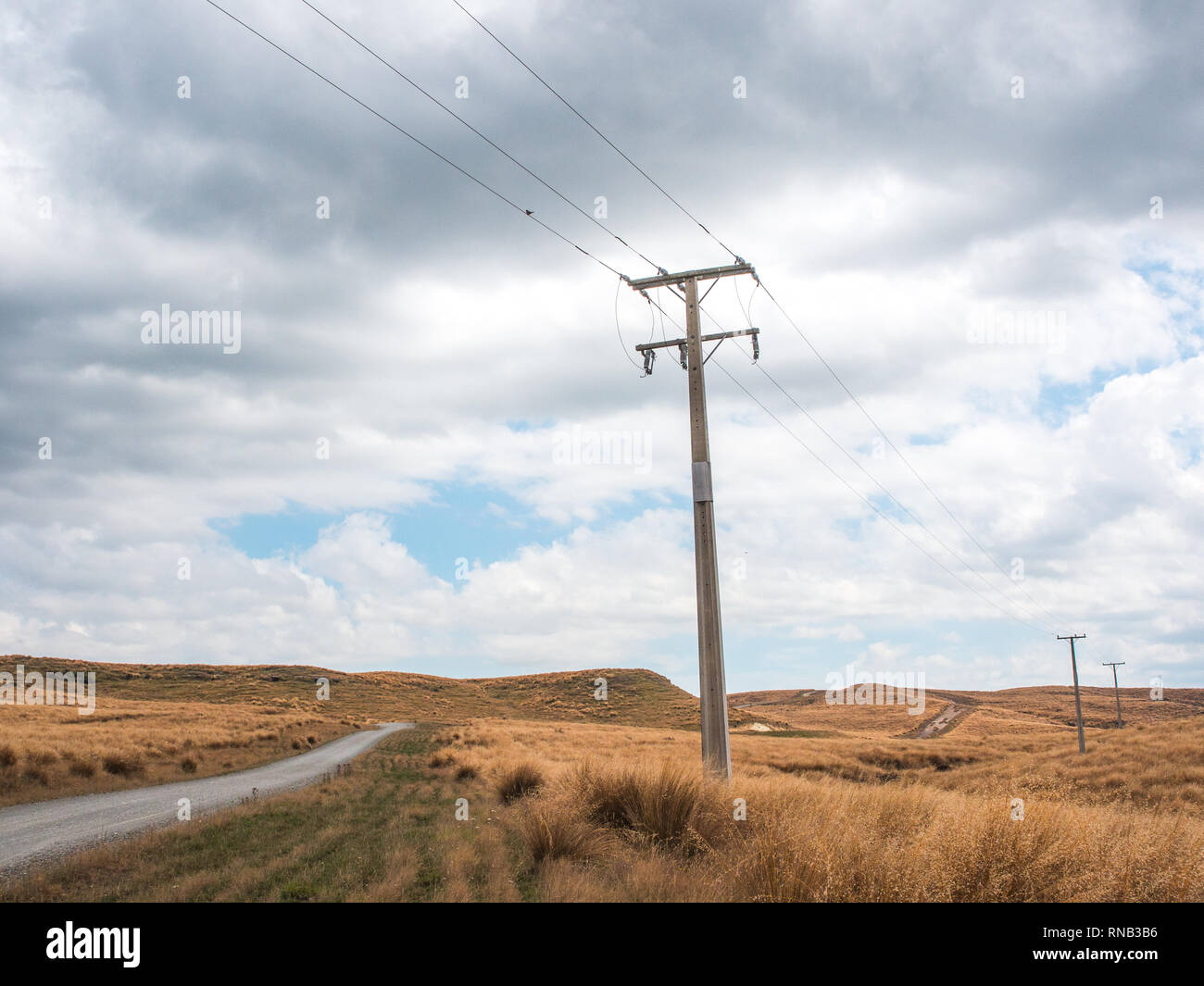 Des colonnes d'alimentation des lignes sur une route de gravier non scellés, pays de buttes, Ngamatea, Inland Mokai Patea, Central North Island, New Zealand Banque D'Images