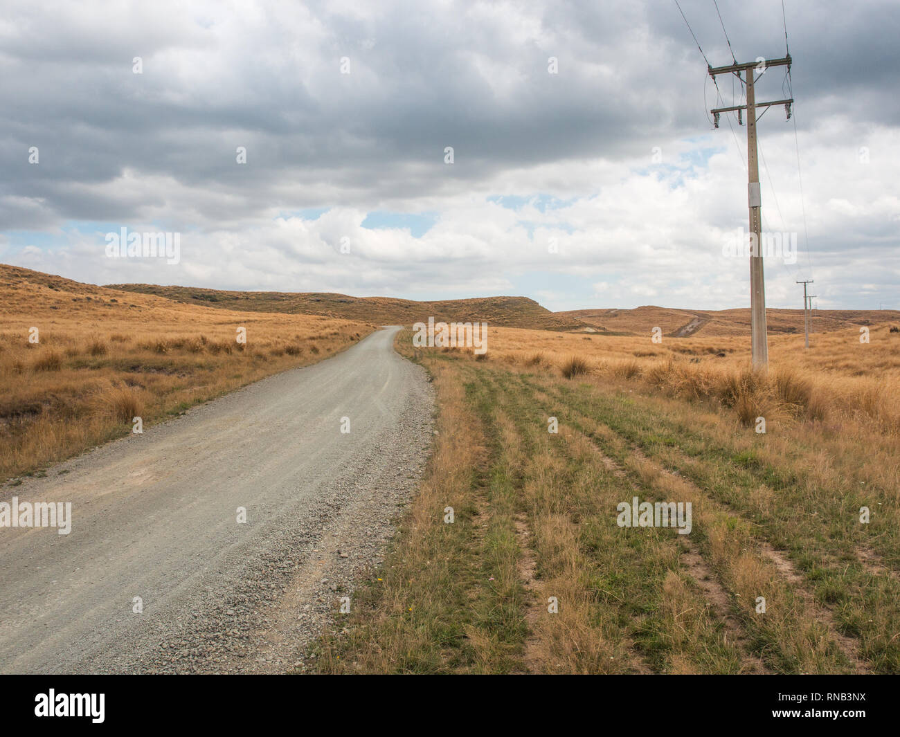 Des colonnes d'alimentation des lignes sur une route de gravier non scellés, pays de buttes, Ngamatea, Inland Mokai Patea, Central North Island, New Zealand Banque D'Images