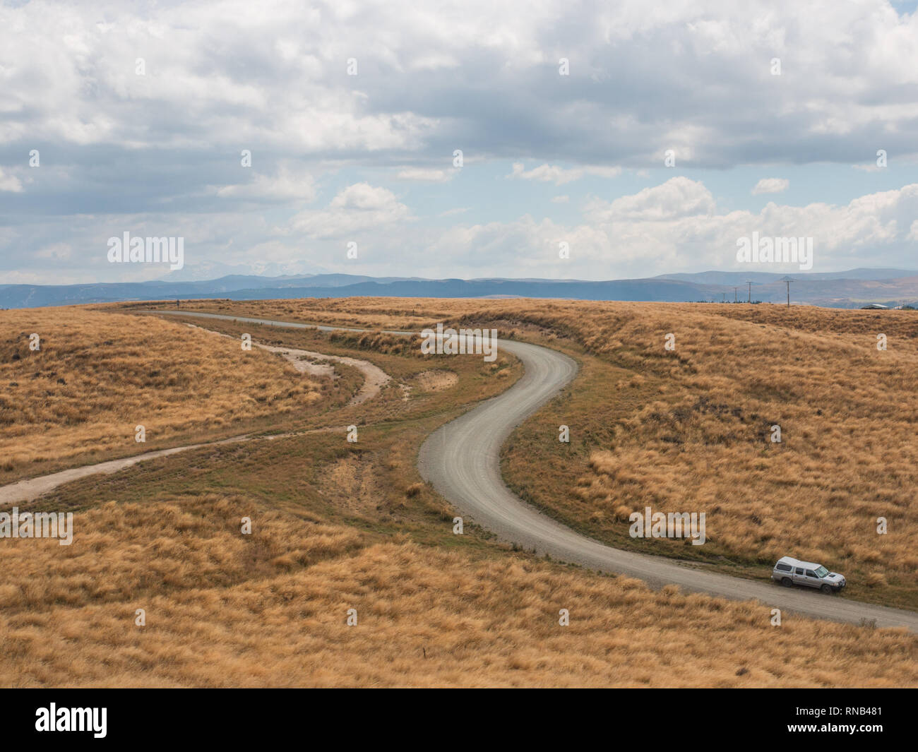 Curving road par pays sur Ngamatea à buttes, à l'intérieur des terres Mokai Patea, Central North Island, Nouvelle-Zélande Banque D'Images