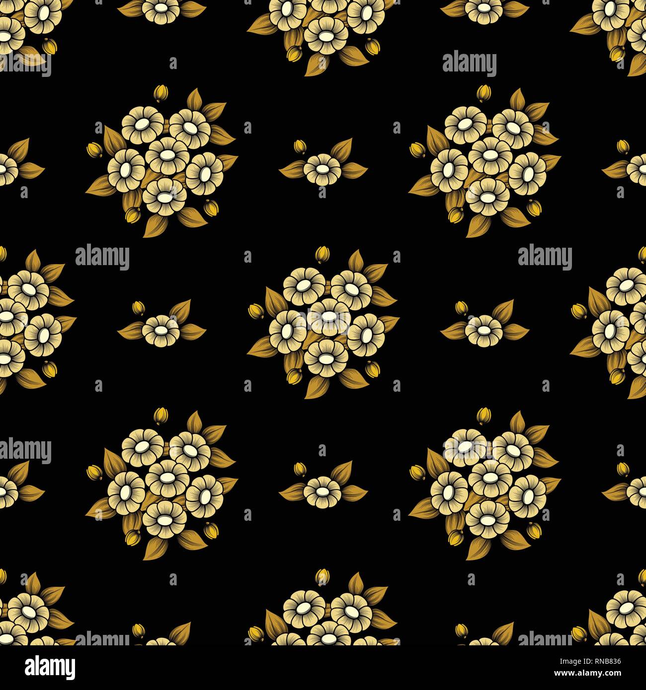 Couleur or motif floral seamless daisy isolé sur fond noir Illustration de Vecteur