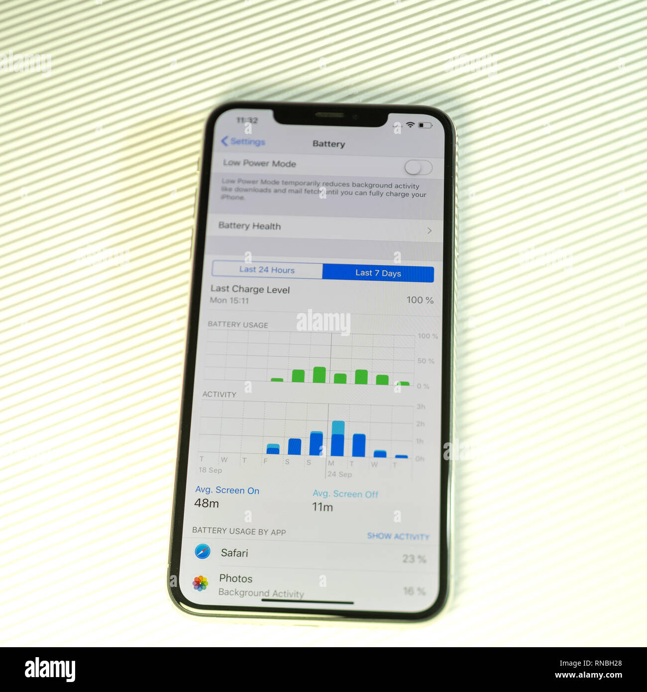 PARIS, FRANCE - Sep 27, 2018 : nouveau modèle de smartphone iPhone Xs Max  par ordinateurs Apple close up avec batterie et de l'activité temps d'écran  montrant l'utilisation du téléphone app stats