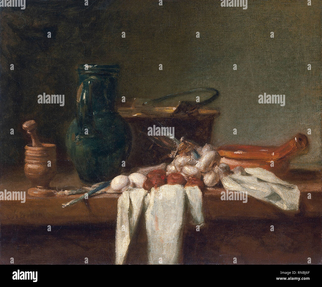 Jean Baptiste Simèon Chardin (Paris, 1699-1779). Nature morte au pilon et Mortier, Pitcher et chaudron en cuivre (ca. 1728 - 1732). Huile sur toile. 32,5 x 39 cm. Musée : Musée national Musée Thyssen-Bornemisza, Madrid. Banque D'Images