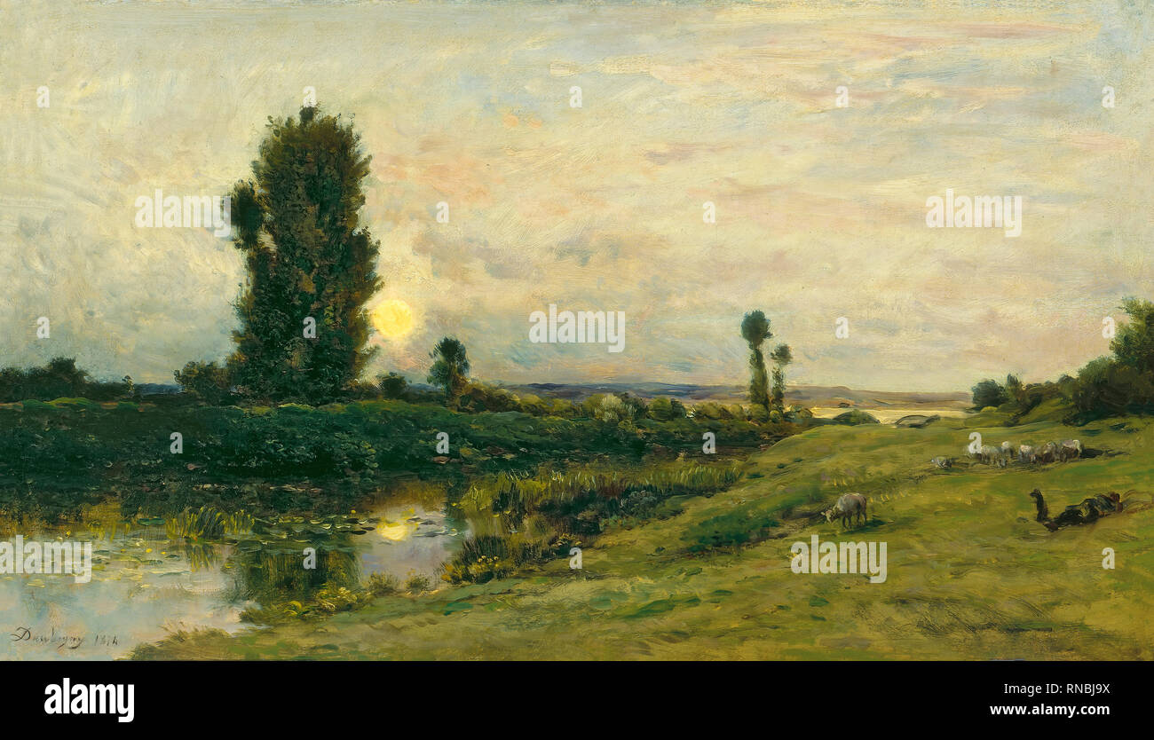 Charles-François Daubigny (Paris, 1817-1878). Lever de lune sur les bords de l'Oise (1874). Huile sur panneau. 38,5 x 67,2 cm. Musée : Musée national Musée Thyssen-Bornemisza, Madrid. Auteur : DAUBIGNY, CHARLES-FRANCOIS. Charles-Francois Daubigny. Banque D'Images