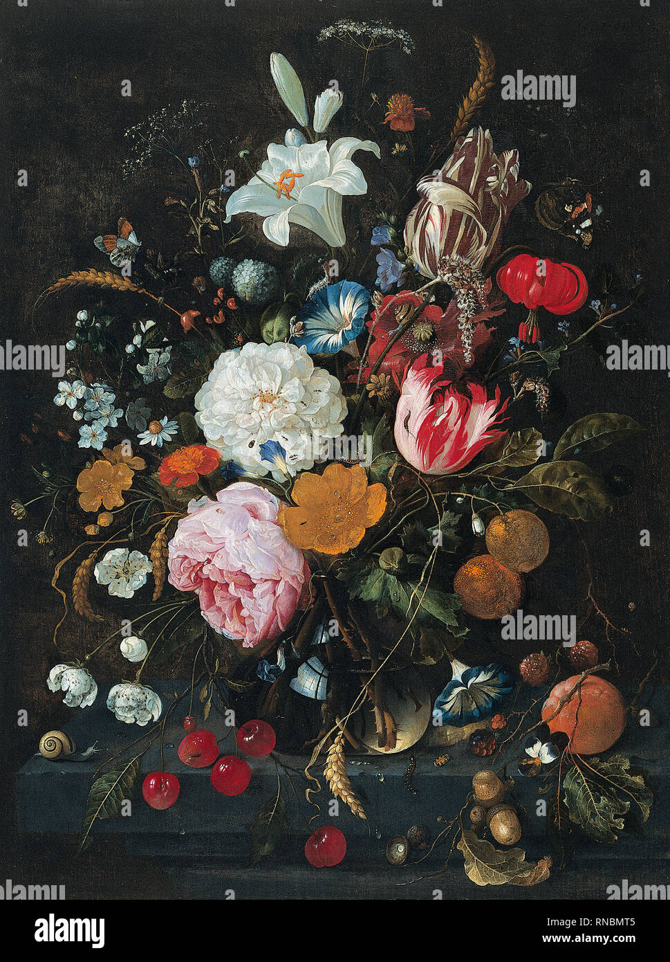 Jan Davidsz. De Heem (Utrecht, 1606-Amberes, 1683/4). Fleurs dans un vase en verre avec des fruits (ca. 1665). Huile sur panneau. 53,4 x 41 cm. Musée : Musée national Musée Thyssen-Bornemisza, Madrid. Banque D'Images