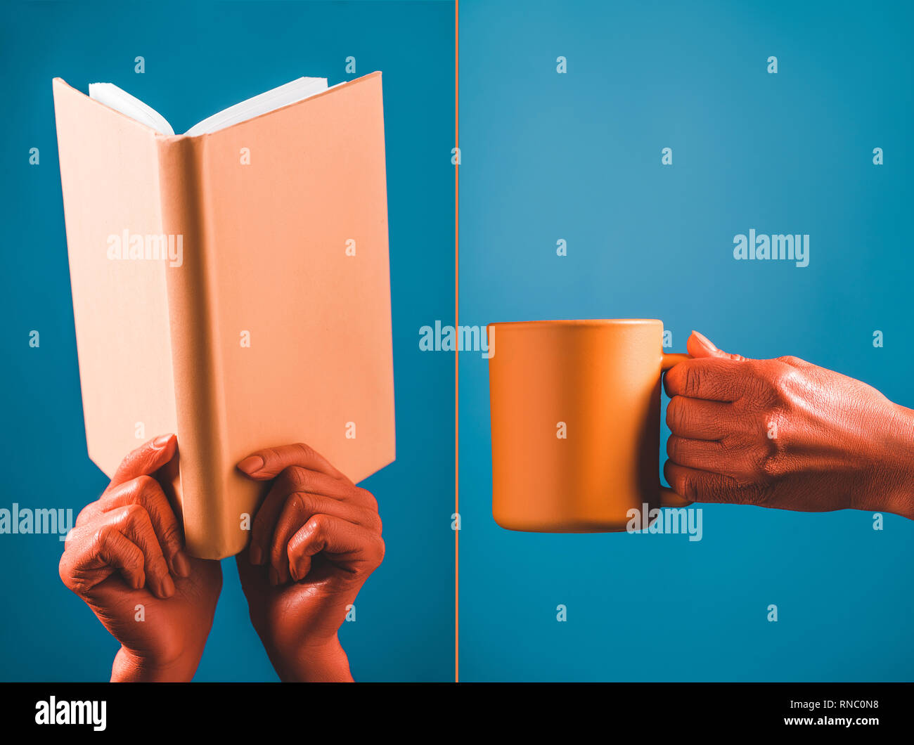 Collage des récifs de corail en coupe du livre et couleur femelle bleu sur les mains séparées, la couleur du concept 2019 Banque D'Images