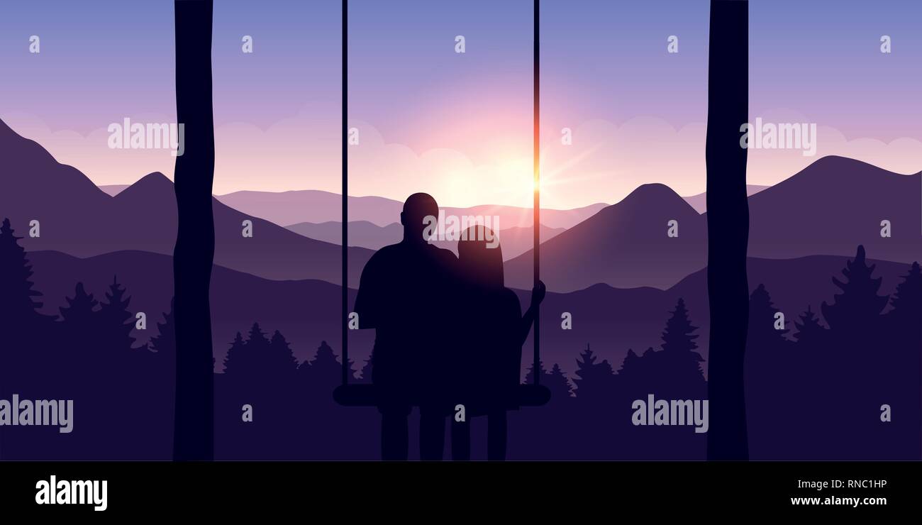 Couple in love sur une balançoire jouit de la vue sur les montagnes au lever du soleil illustration vecteur EPS10 Illustration de Vecteur