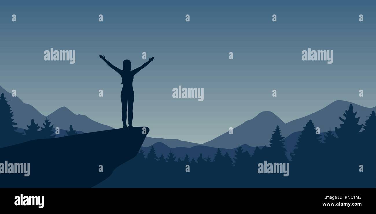 Happy girl avec bras levés à blue mountain et paysage forêt illustration vecteur EPS10 Illustration de Vecteur