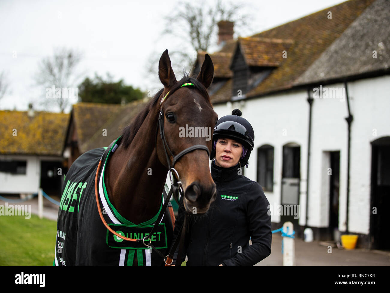 Buveur d'air avec son côté stable Hannah Ryan pose pour les médias au cours de la visite de Nicky Henderson's yard à sept des castrats, Lambourn. Banque D'Images