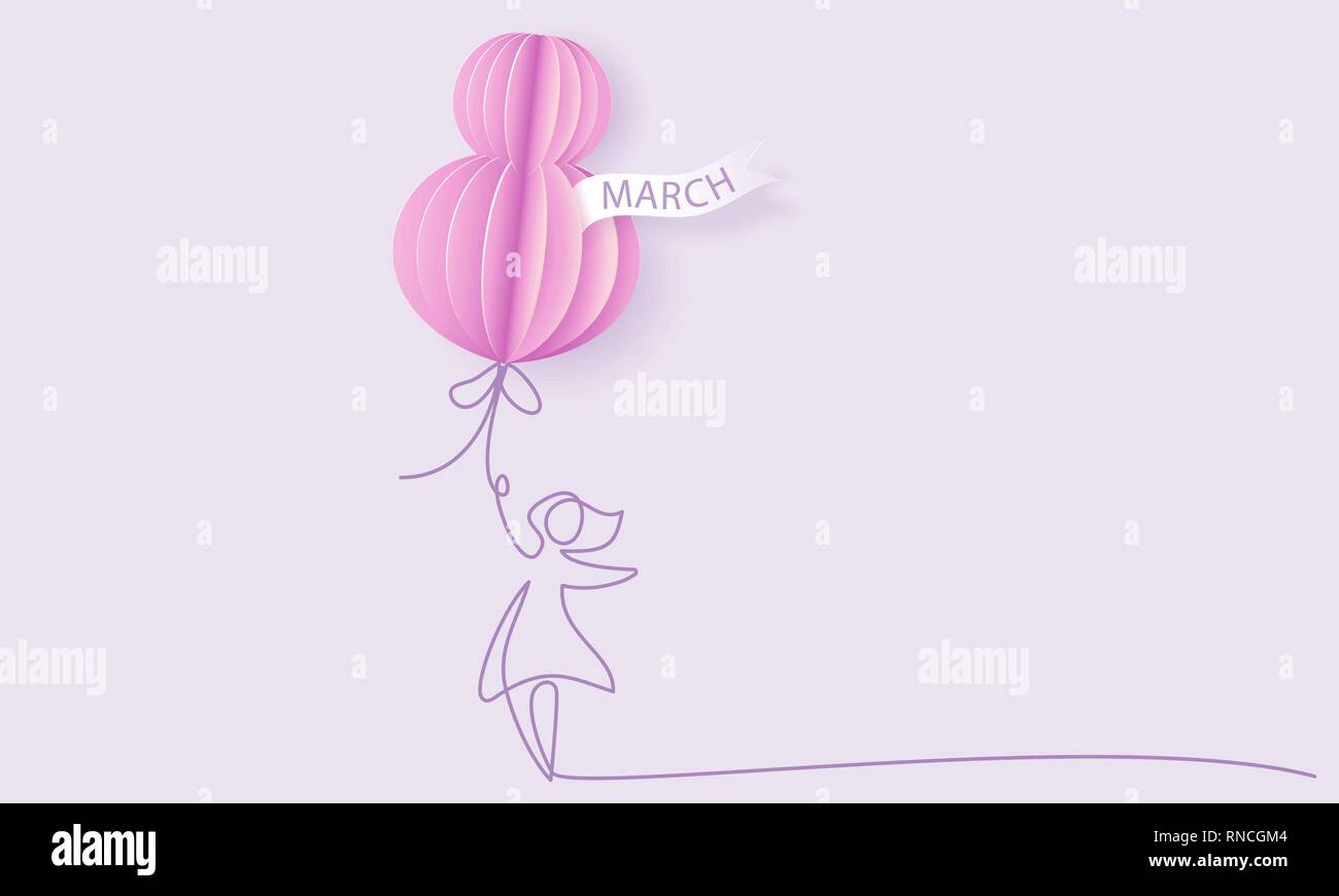 Heureux 8 mars journée de la femme carte. Femme avec ballon en forme de grand huit. Vector illustration d'art sur papier. Un style de ligne continue. Illustration de Vecteur