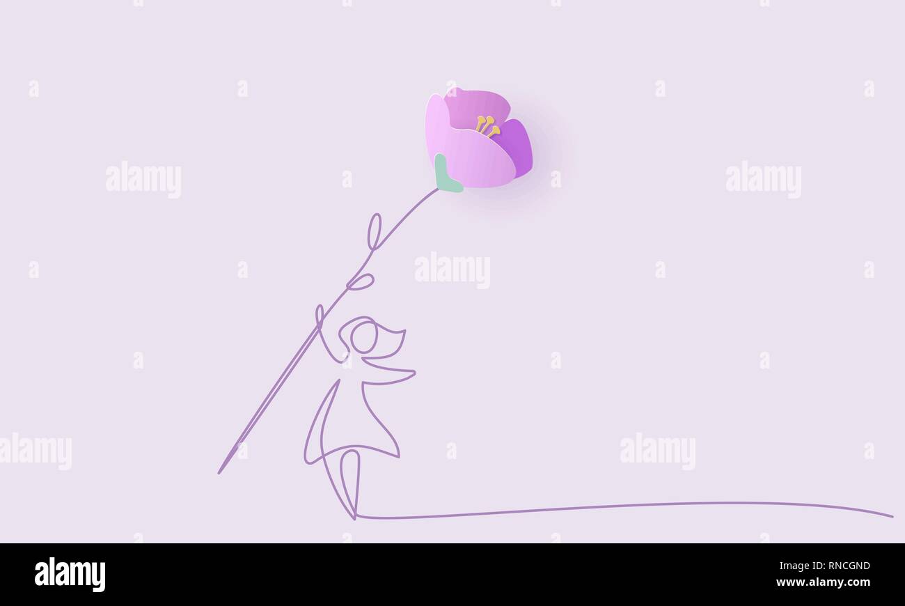 Heureux 8 mars journée de la femme carte. Femme avec grosse fleur de printemps. Vector illustration d'art sur papier. Un style de ligne continue. Illustration de Vecteur