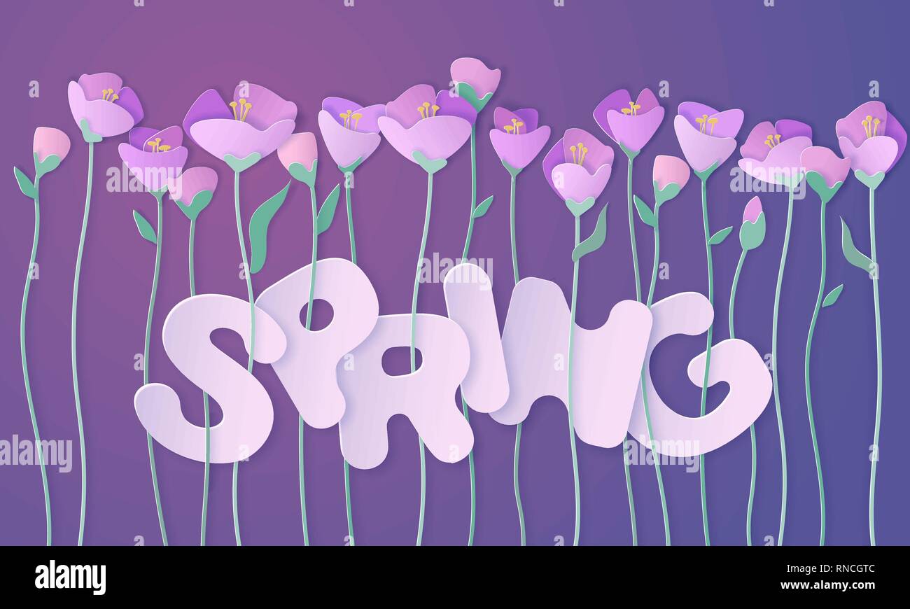 Heureux printemps Womens Day carte de vœux. Coupe papier bannière fleurs printemps 3d en mauve et violet couleurs. Vector illustration papier coupé style. Illustration de Vecteur