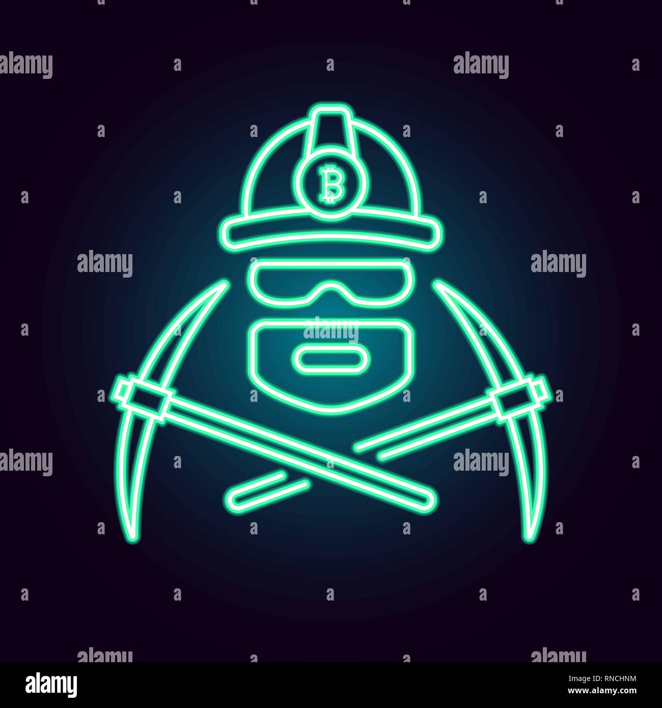 L'exploitation minière Bitcoin dans vector illustration style néon. L'icône de télévision linéaire simple d'un travailleur avec des pioches cryptocurrency minière Illustration de Vecteur