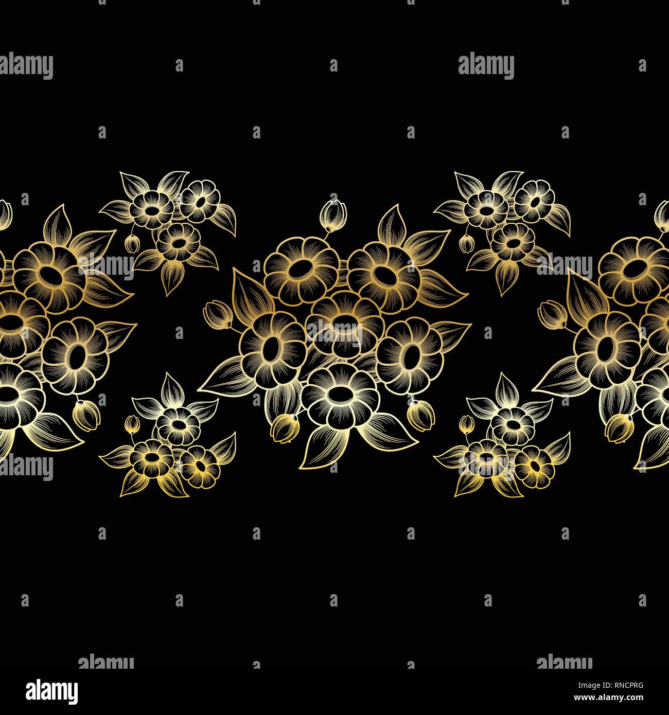 Horizontal transparent couleur or motif floral Contour daisy isolé sur fond noir Illustration de Vecteur