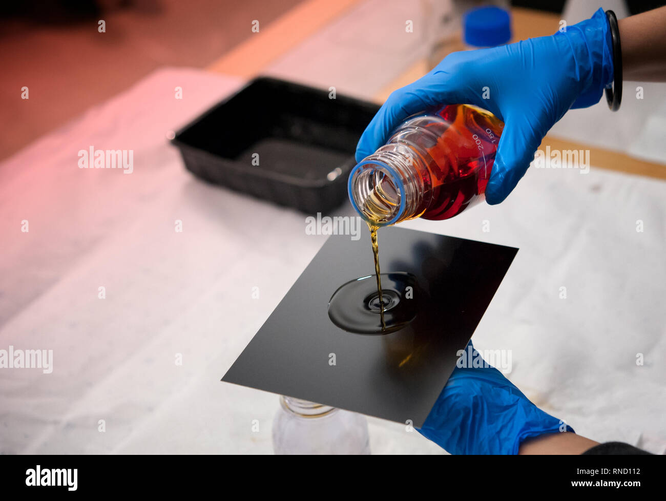 Photographe verse le collodion solution sur la mince plaque de fer noir. Collodion plaque humide. Banque D'Images