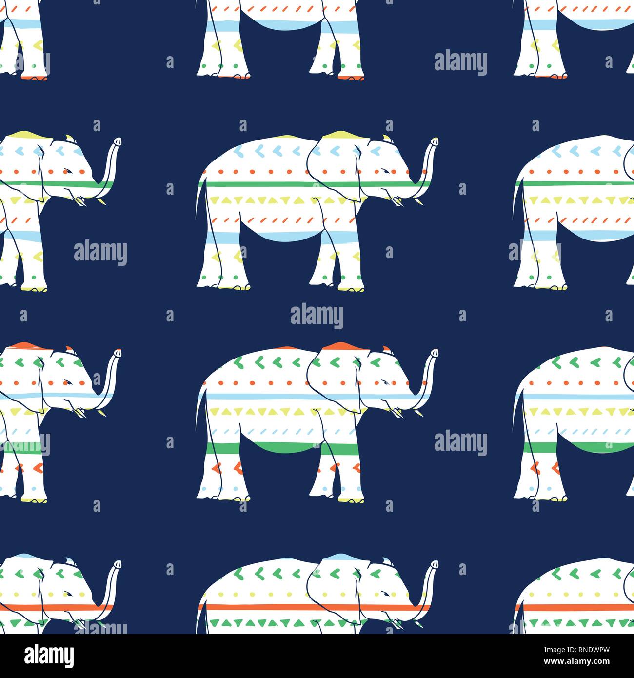 Modèle transparent vecteur avec les éléphants à rayures dessiné à la main et des triangles . Hand drawn orange, vert, jaune et bleu à rayures et des triangles. Illustration de Vecteur