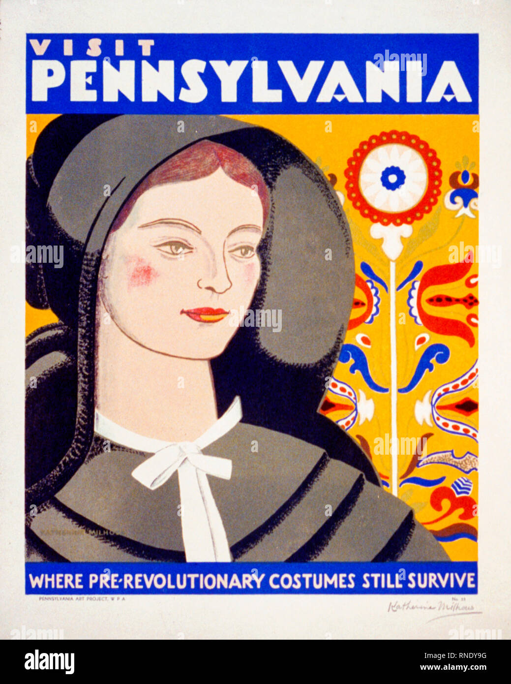 Visitez Pennsylvanie USA affiche de voyage vintage tourisme années 1930, femme dans des vêtements pré-révolutionnaires Banque D'Images